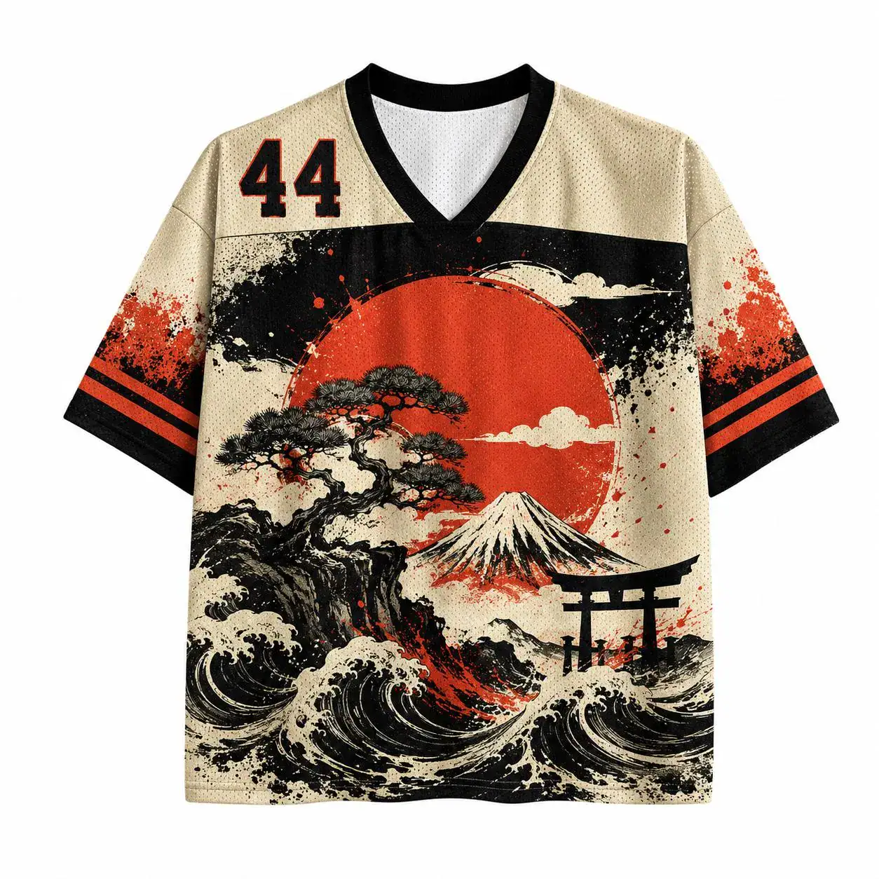 Mount Fuji Jersey Shirt 44 | Japanese Mesh Football Tee | Oversized Samurai Streetwear Top