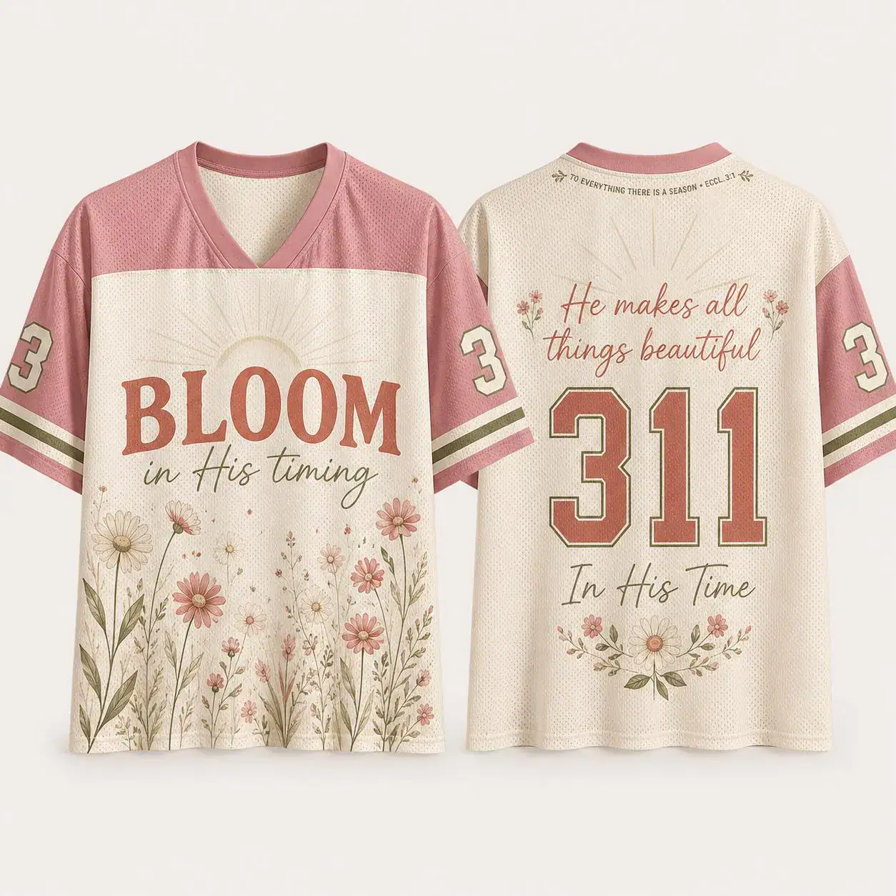 Bloom In His Timing Jersey, Christian Floral Football Shirt, Faith Based Mesh Apparel, Aesthetic Scripture Tee, Religious Gift