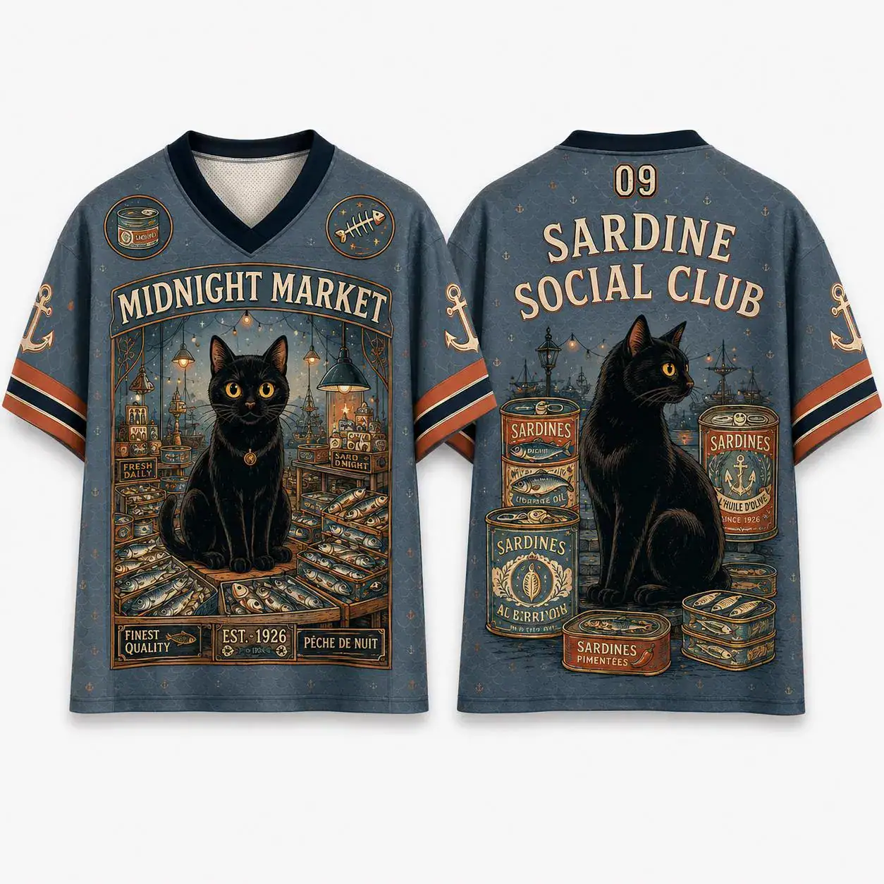 Midnight Market Cat Jersey, Vintage Sardine Social Club Shirt, Whimsical Animal Mesh Apparel, Retro Cat Lover Gift, Artistic Tee