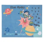 Custom Name Toy-Story Milestone Blanket, Personalized To Infinity And Beyond DNland Toy Friends Fleece Blanket, Buzz Aliens Jessie T-Rex