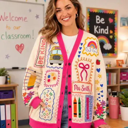 Personalized Teacher Name Cardigan, Custom Mrs Name Sweater, Kindergarten Teacher Gift, School Icons Print Cardigan, Back To School Gift - Image 2