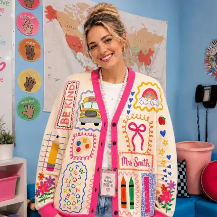 Personalized Teacher Name Cardigan, Custom Mrs Name Sweater, Kindergarten Teacher Gift, School Icons Print Cardigan, Back To School Gift