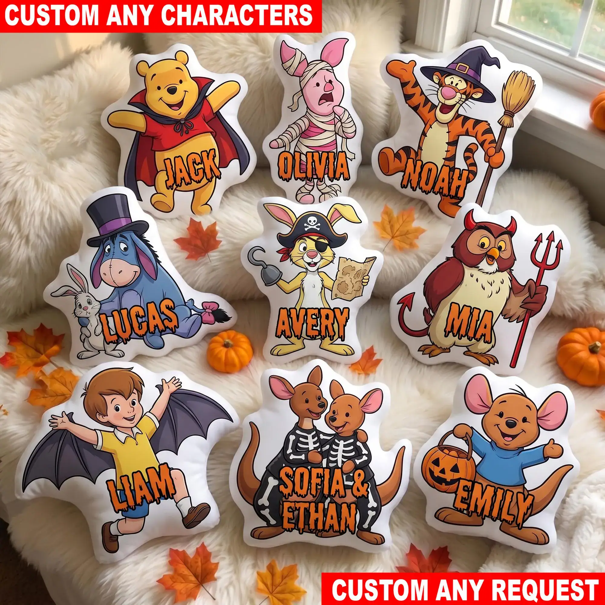 Personalized Winnie the Pooh Halloween Pillow, Pooh Tigger Piglet Eeyore Custom Name Pillow, Halloween Gift for Kids, Throw Pillow Decor Personalized Winnie the Pooh Halloween Pillow, Pooh Tigger Piglet Eeyore Custom Name Pillow, Halloween Gift for Kids, Throw Pillow Decor - Image 1