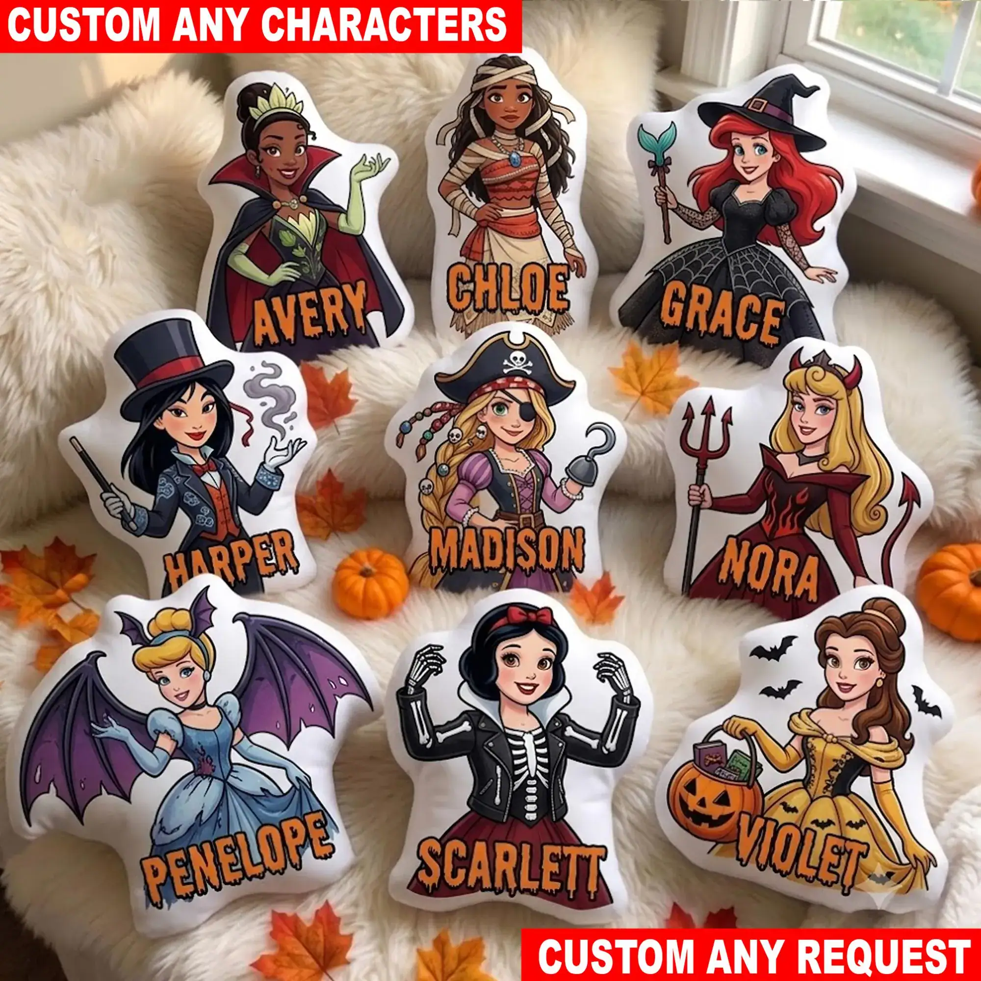 Personalized DN Princess Halloween Pillow, Snow White Cinderella Ariel Rapunzel Moana Custom Name Pillow, Halloween Gift for Kids