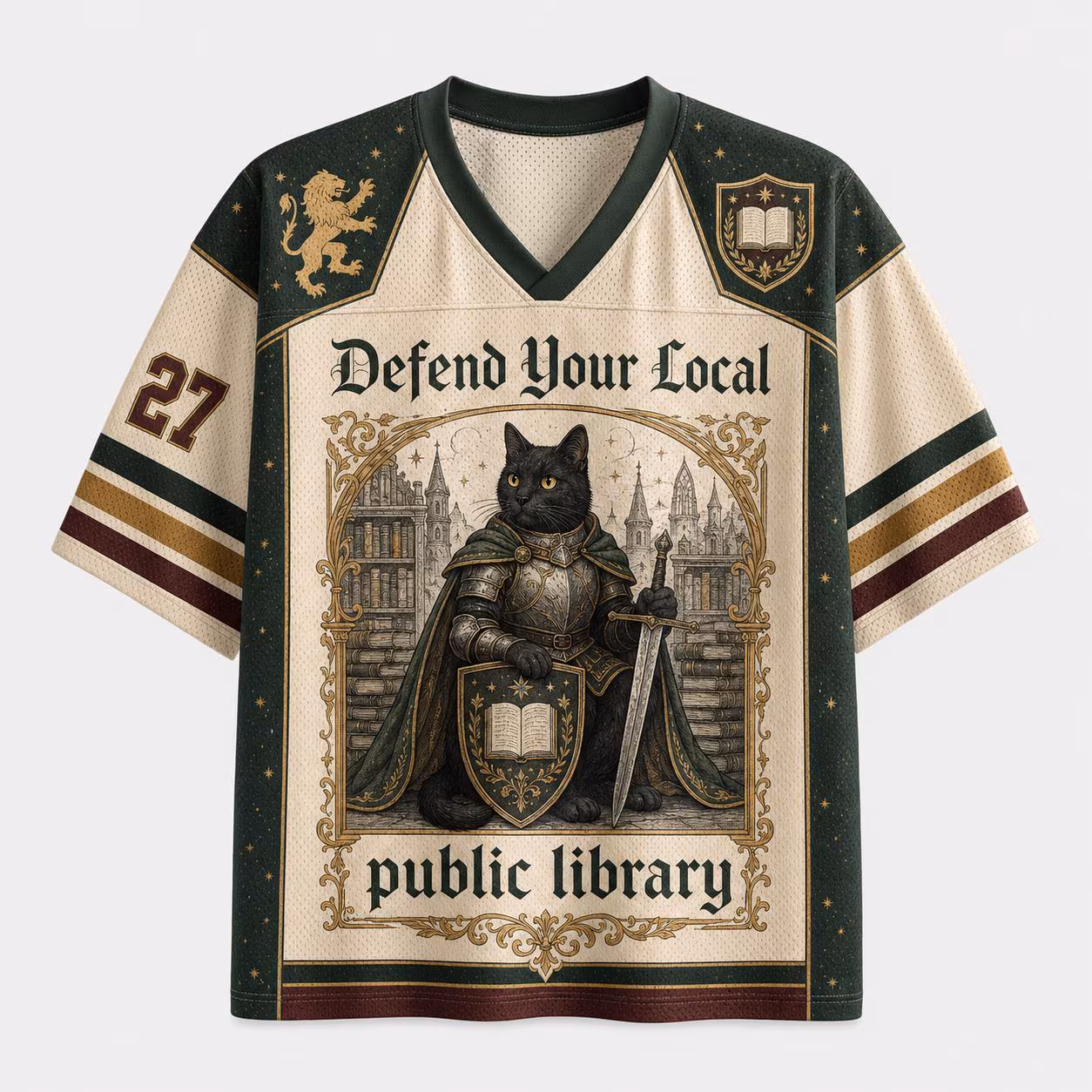 Library Cat Jersey, Bookish Knight Shirt, Defend Local Library Tee, Dark Academia Apparel, Fantasy Cat Lover Gift, Reading Club