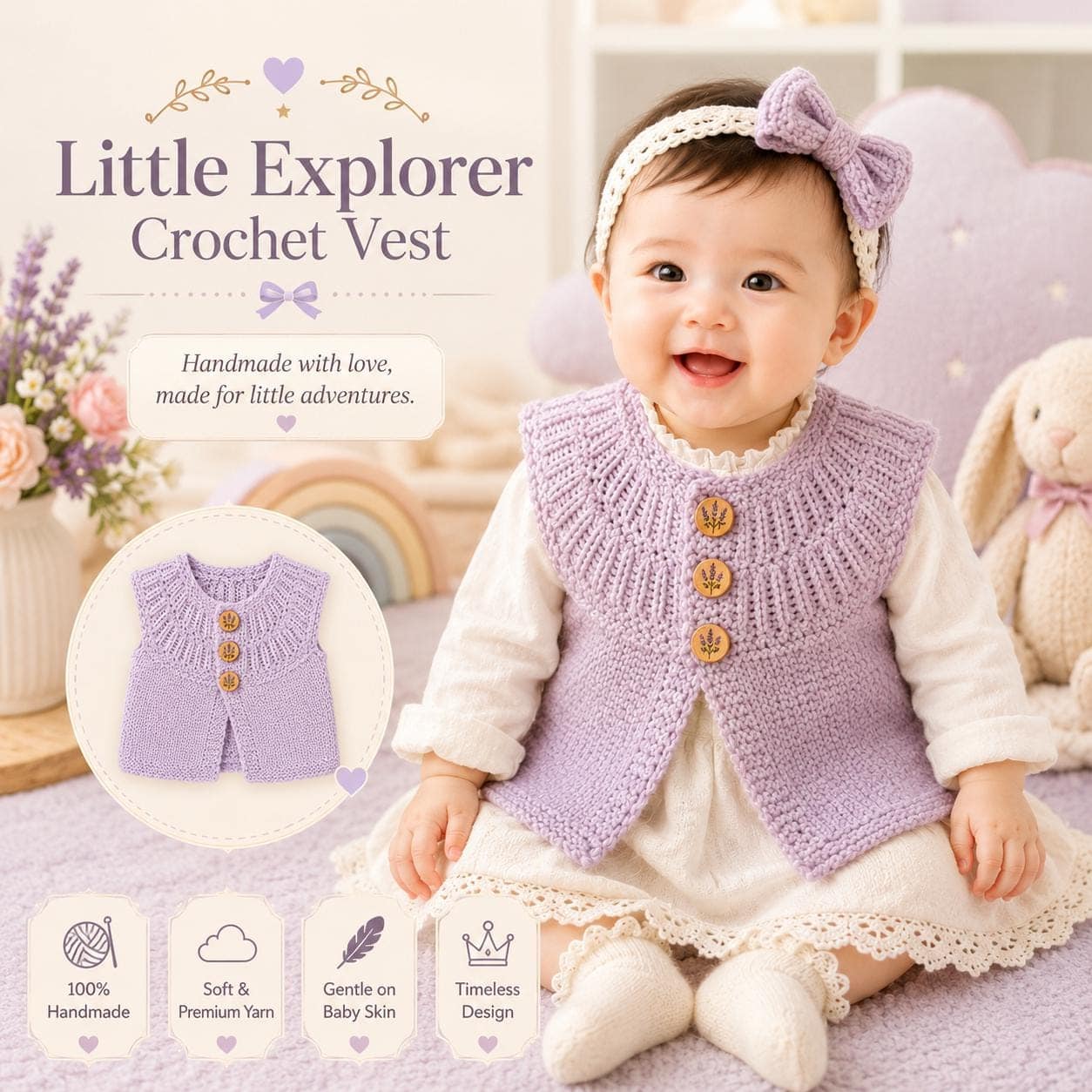 il_fullxfull.8247873019_1r3z.jpg Baby Crochet Vest Pattern PDF, Little Explorer Vest, Newborn Cardigan Pattern, Infant Sweater Crochet, Digital Download - Image 1