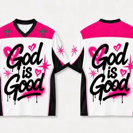 God Is Good Graffiti Jersey, Pink Black Christian Mesh Football Shirt, Bold Faith Streetwear Sports Tee, Religious Gift