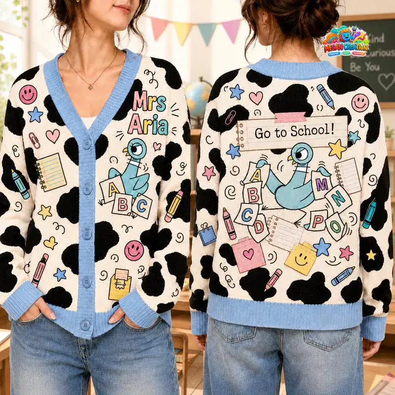 Personalized The Pigeon Has To Go To School Sweater, Pigeon Teacher Life Cardigan, Storybook Reading Outfit, Kindergarten Cardigan 21