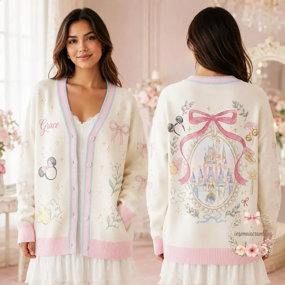 Personalized DNland Castle Cardigan, Princess Gift for Her, Custom Name Sweater, Fairy Tale Cozy Knit, DNland Vacation Top - Image 2