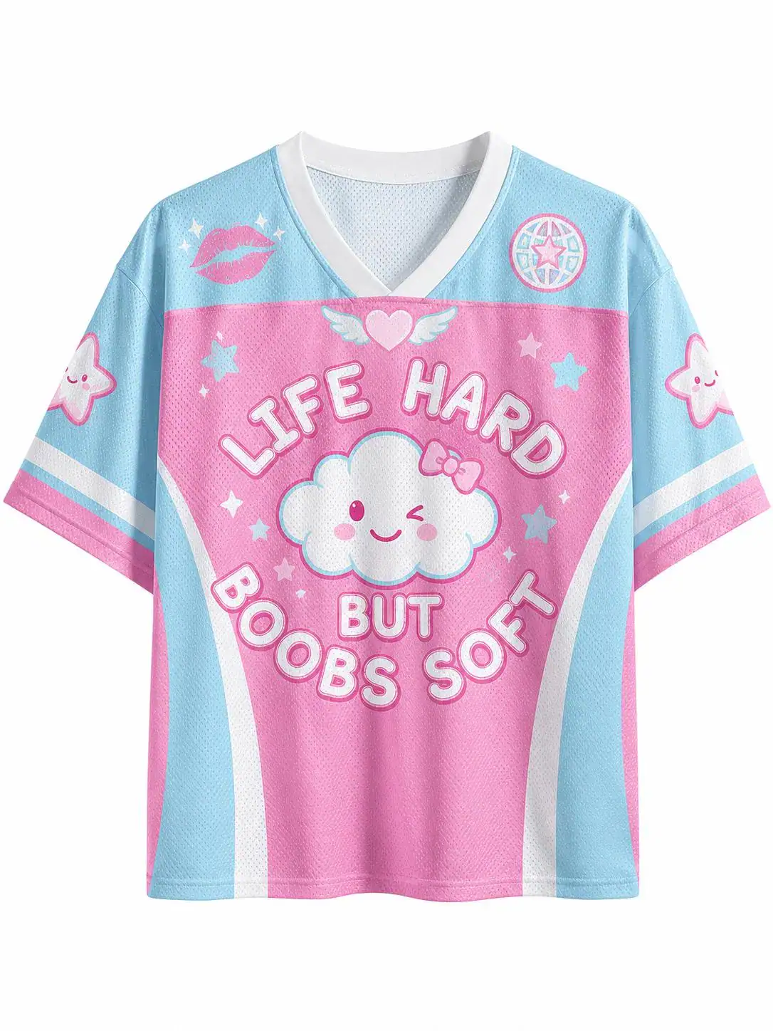 Funny Life Hard But Boobs Soft Jersey Shirt, Cute Kawaii Cloud Graphic Sports Jersey