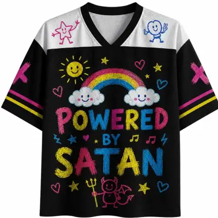 Powered By Satan Jersey Shirt, Gothic Cute Rainbow Graphic Sports Jersey