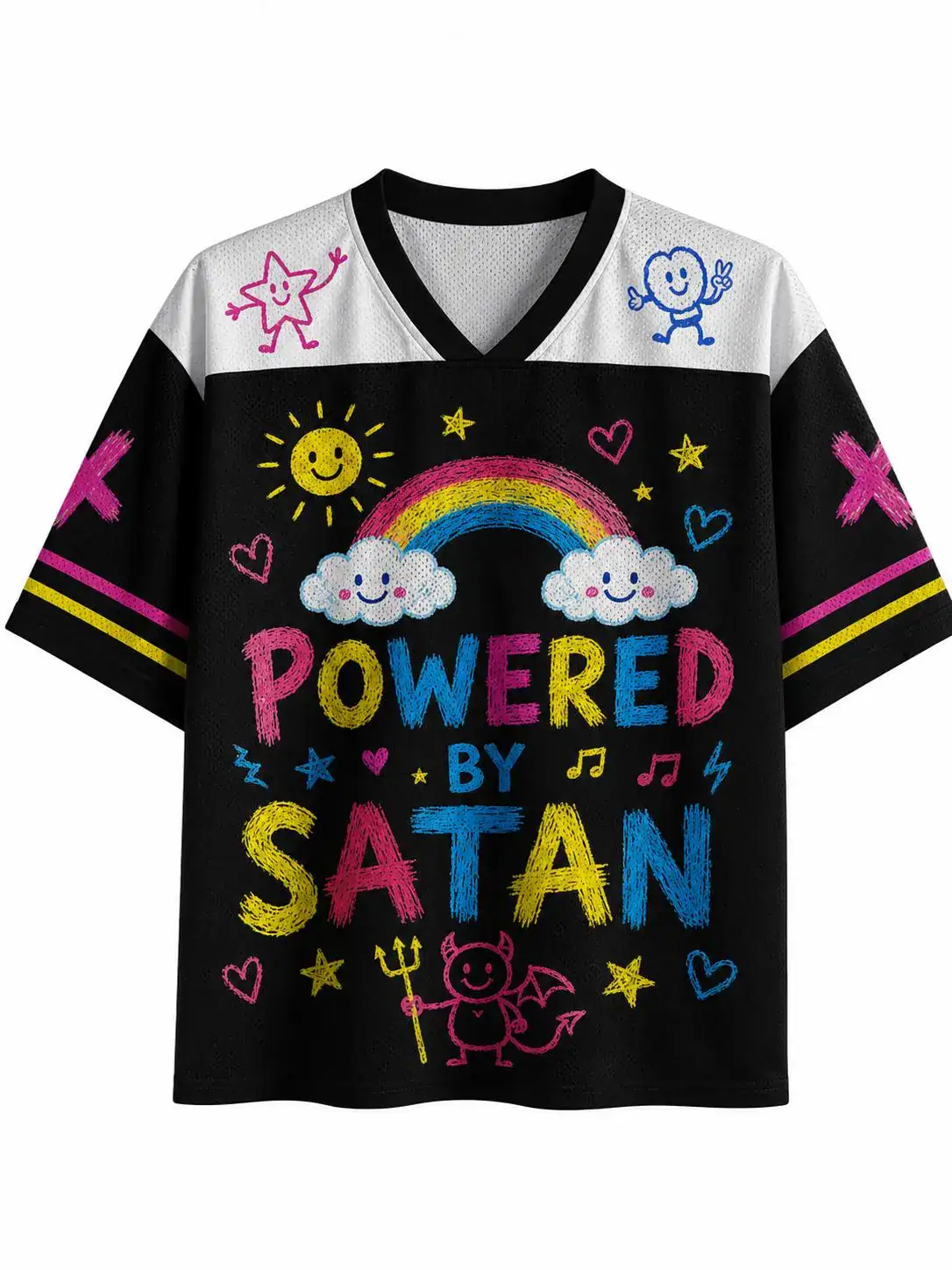 Powered By Satan Jersey Shirt, Gothic Cute Rainbow Graphic Sports Jersey Powered By Satan Jersey Shirt, Gothic Cute Rainbow Graphic Sports Jersey - Image 1