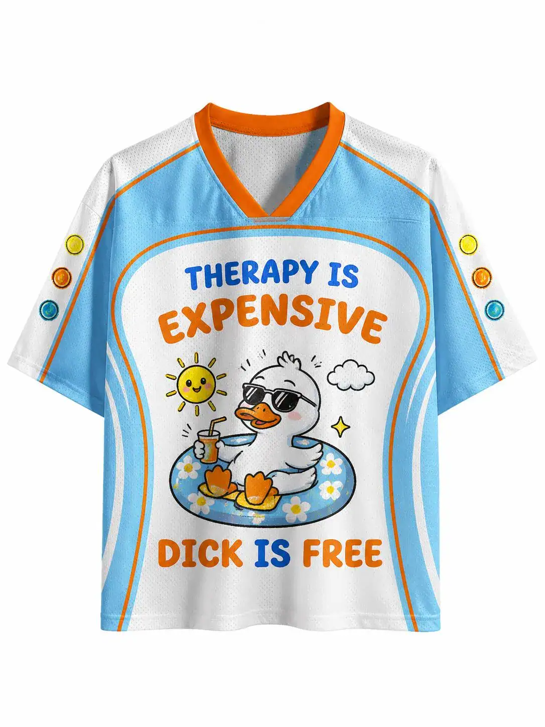 Funny Therapy Is Expensive Dick Is Free Jersey Shirt, Relaxing Duck Graphic Sports Jersey