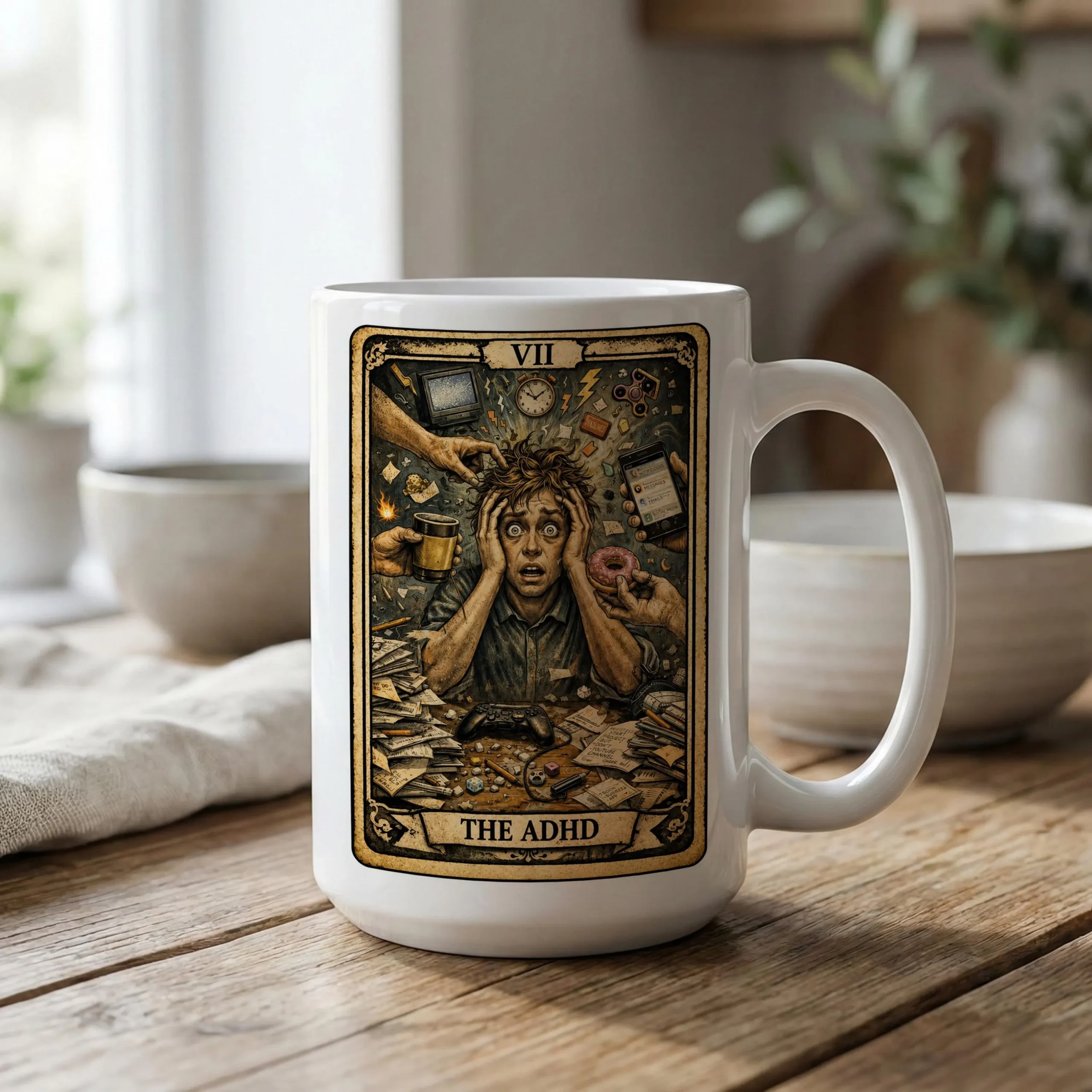 Funny Adhd Coffee Mug, Adhd Gift for Adults, Tarot Style Mug, Mental Health Mug, Psychology Gift, ADHD Humor Mug, ADHD Tarot Card Mug Funny Adhd Coffee Mug, Adhd Gift for Adults, Tarot Style Mug, Mental Health Mug, Psychology Gift, ADHD Humor Mug, ADHD Tarot Card Mug - Image 1