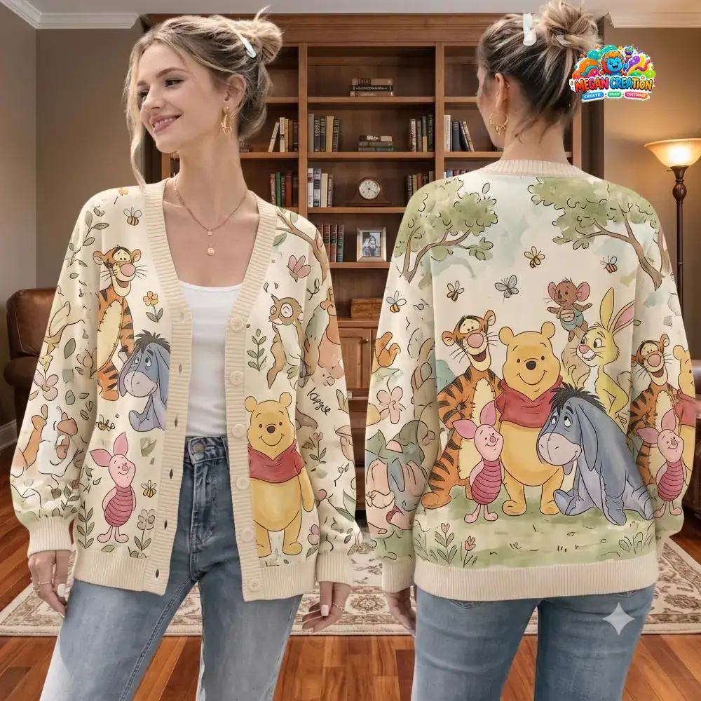 Winnie the Pooh Cardigan, Pooh and Friends Knit Cardigan, Hundred Acre Wood Apparel, Bound Outfit, Gift for Her 11