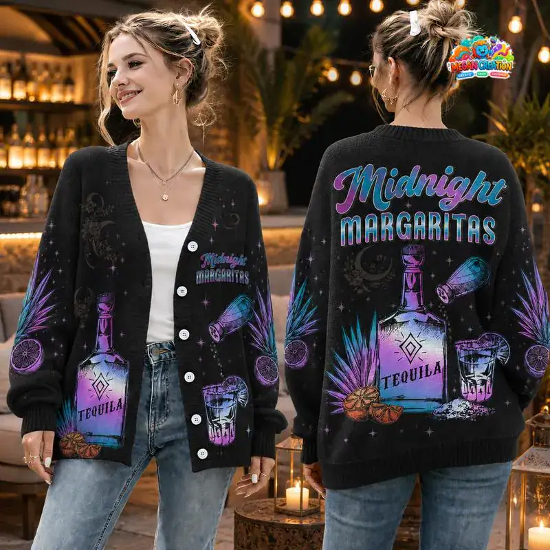 Midnight Margaritas Cardigan, Witchy Frog Knit Cardigan, Tequila Bottle Cardigan Cozy Witch Aesthetic Top 01