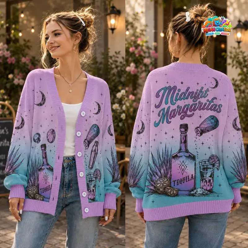 Midnight Margaritas Sweater, Witchy Frog Knit Cardigan, Tequila Bottle Cardigan Cozy Witch Aesthetic Top 05