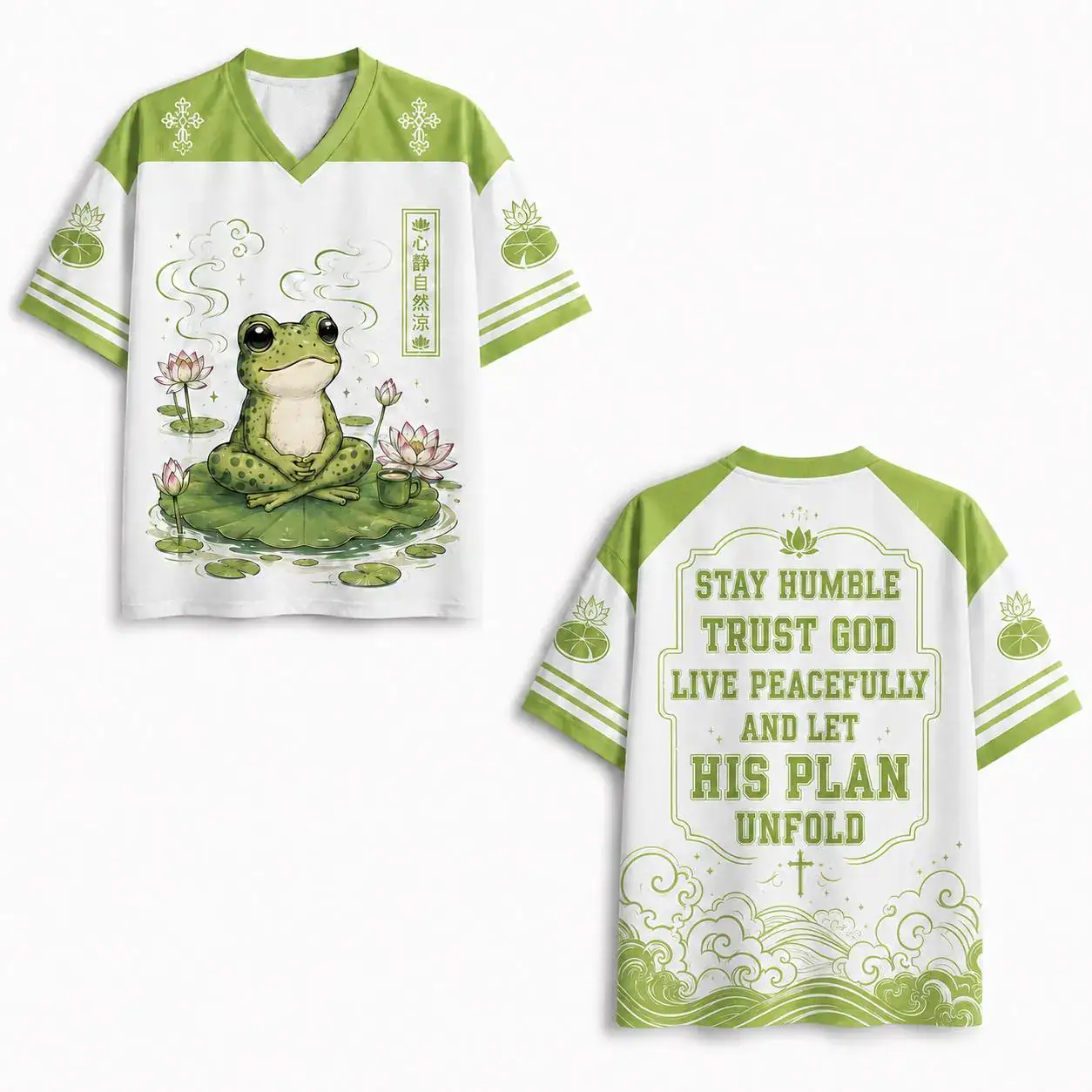 Peaceful Frog Faith Jersey, Christian Trust God Mesh Shirt, Green Lotus Sports Tee, Humble Nature Prayer Gift