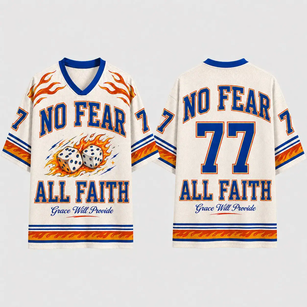 No Fear All Faith Jersey, Christian Dice Flame Mesh Shirt, Number 77 Grace Will Provide Sports Tee, Faith Game Day Gift
