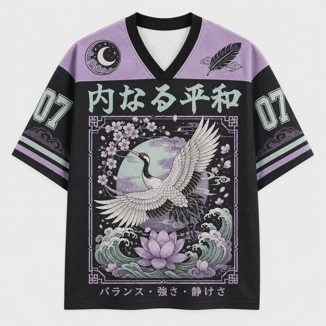 Japanese Crane Jersey, Aesthetic Streetwear Shirt, Sakura Lotus Tee, Oversized Anime Style Top, Purple Vaporwave Apparel, Sports Gift