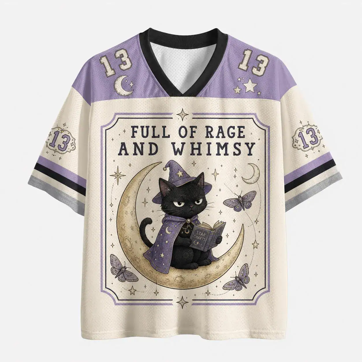 Witchy Cat Football Jersey, Celestial Magic Shirt, Black Cat Graphic Tee, Witchcore Aesthetic Apparel, Moon Reader Gift, Occult Top