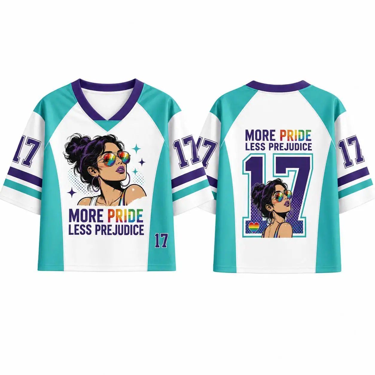 More Pride Less Prejudice Jersey, Rainbow Pride Mesh Shirt, Teal Purple Number 17 Sports Tee, Equality Graphic Top