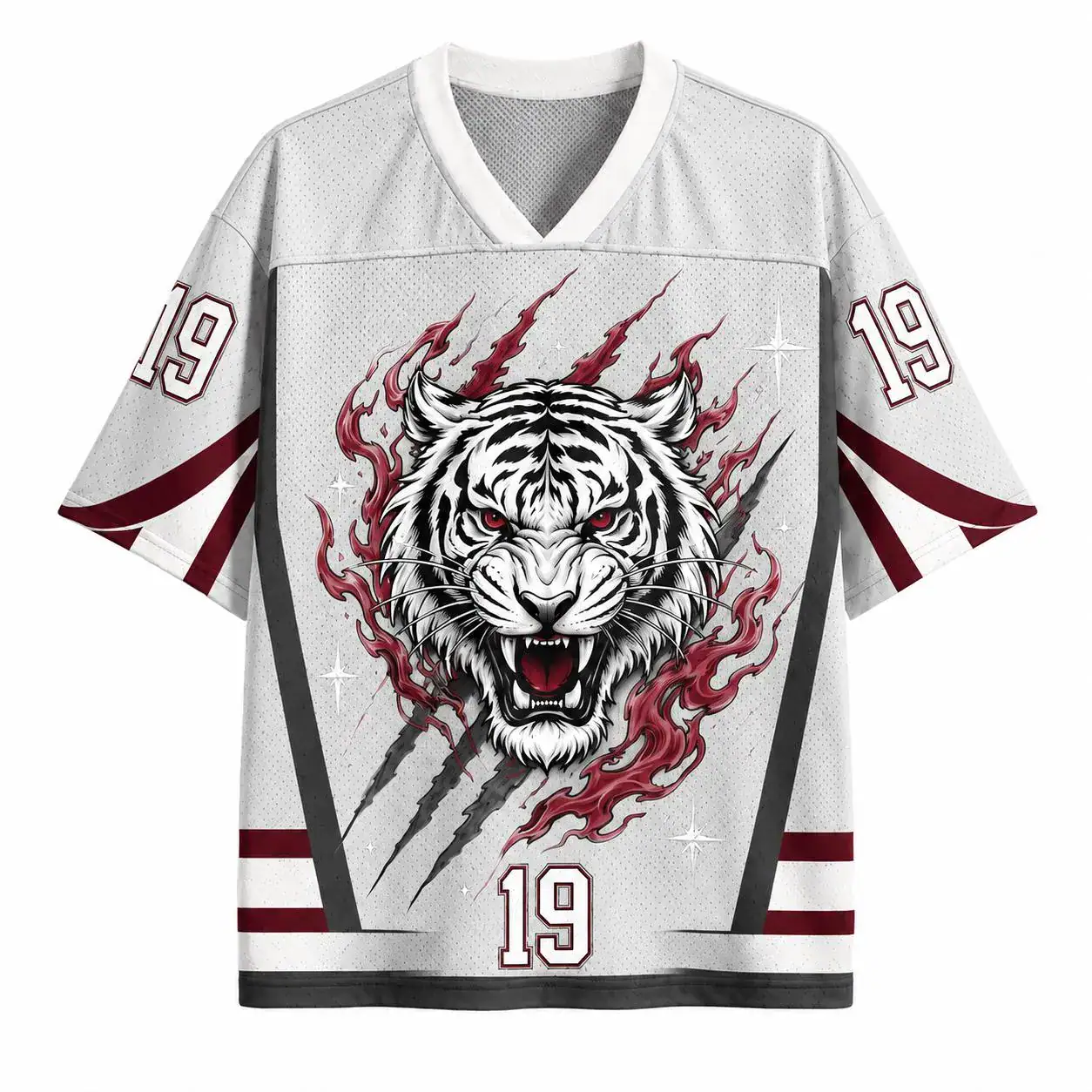 White Tiger Claw Jersey, Custom Grey Burgundy Mesh Football Shirt, Number 19 Fierce Animal Sports Tee, Wild Tiger Graphic Top
