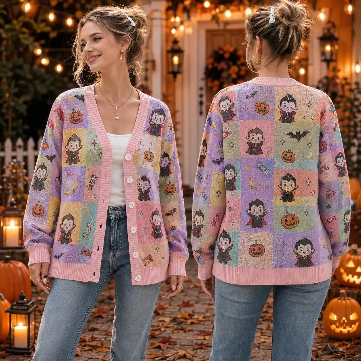 Cute Dracula Halloween Cardigan, Pastel Vampire Pattern Wool Sweater, Kawaii Spooky Knit Cardigan, Halloween Gift for Women