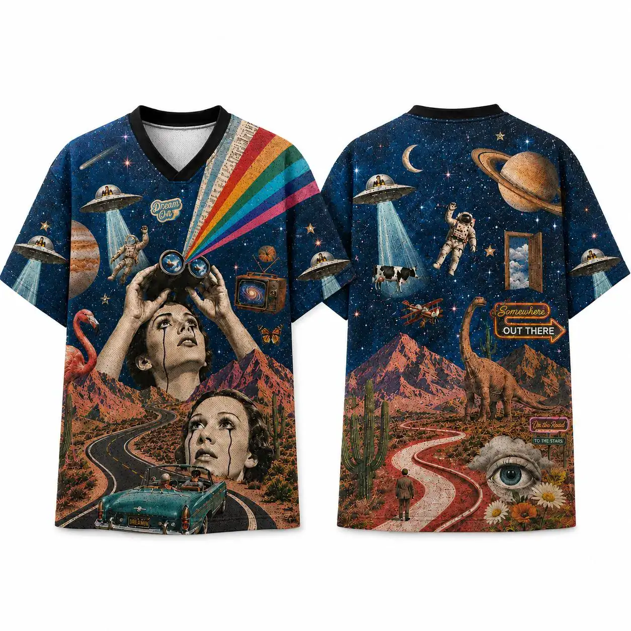Cosmic Road Trip Jersey, UFO Desert Mesh Football Shirt, Retro Space Collage Sports Tee, Alien Dreamscape Streetwear Top