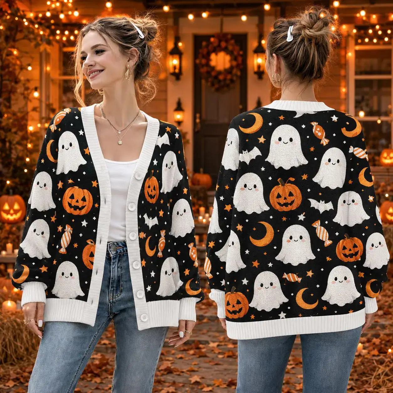 Cute Ghost Halloween Cardigan, Women’s Spooky Season Knit Sweater, Orange Black White Ghost Cardigan, Cozy Halloween Outfit
