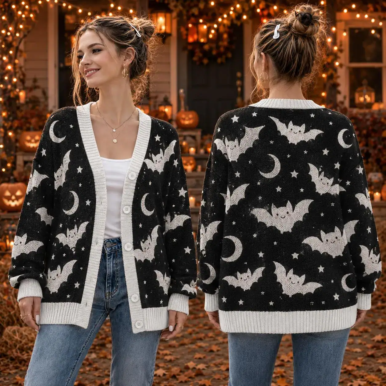 Cute Bat Halloween Cardigan, Black and White Moon Knit Sweater, Spooky Bat Wool Cardigan, Cozy Halloween Outfit for Women
