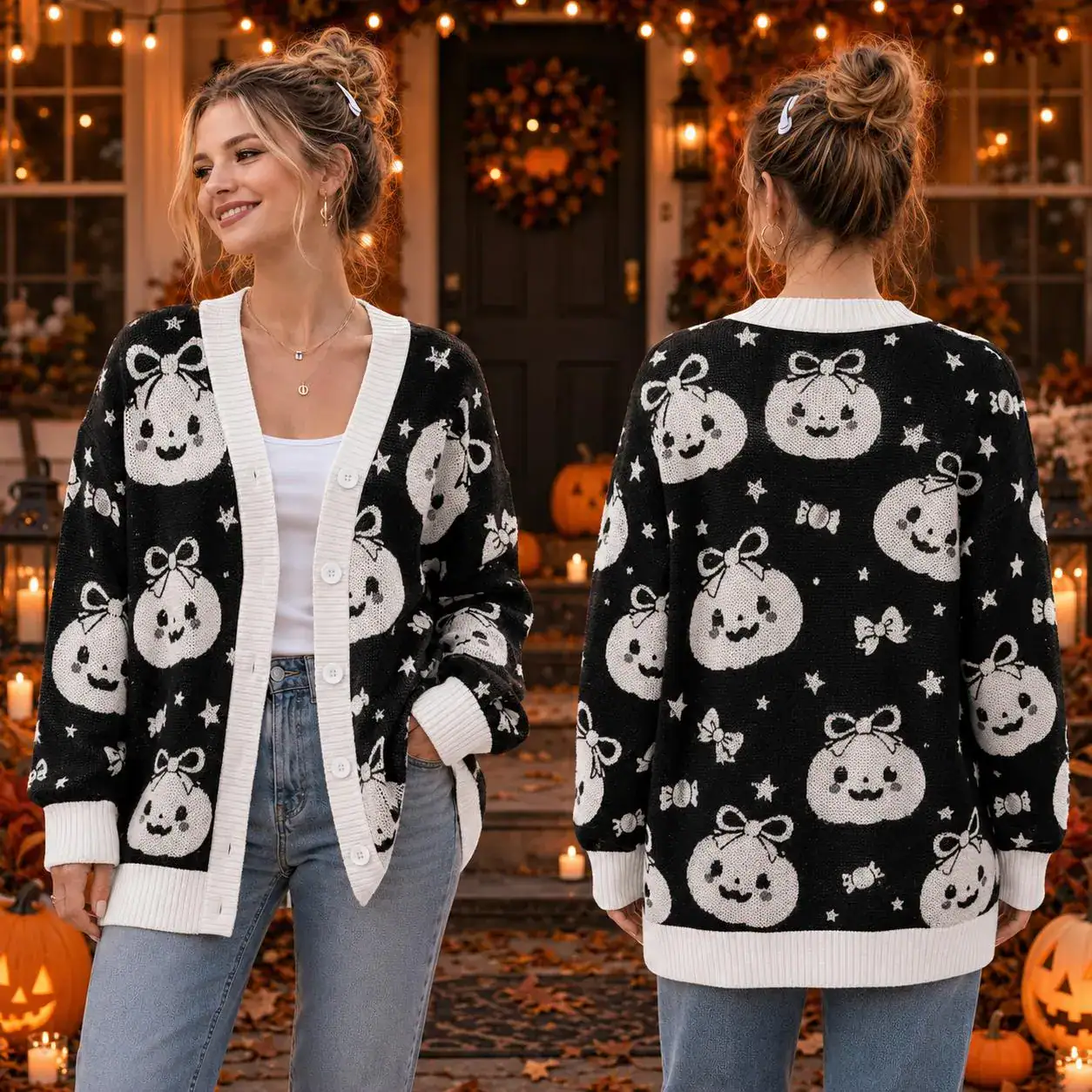 Cute Pumpkin Halloween Cardigan, Bow Jack O Lantern Knit Sweater, Black and White Wool Cardigan, Spooky Season Outfit