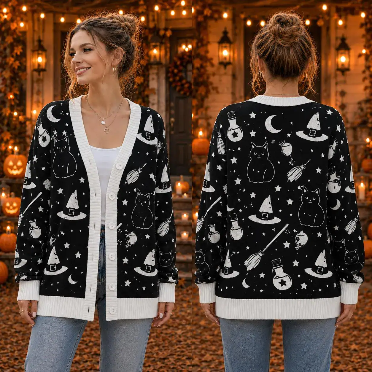 Witchy Halloween Cardigan, Black Cat Potion Knit Sweater, Witch Hat and Broom Wool Cardigan, Black and White Spooky Outfit