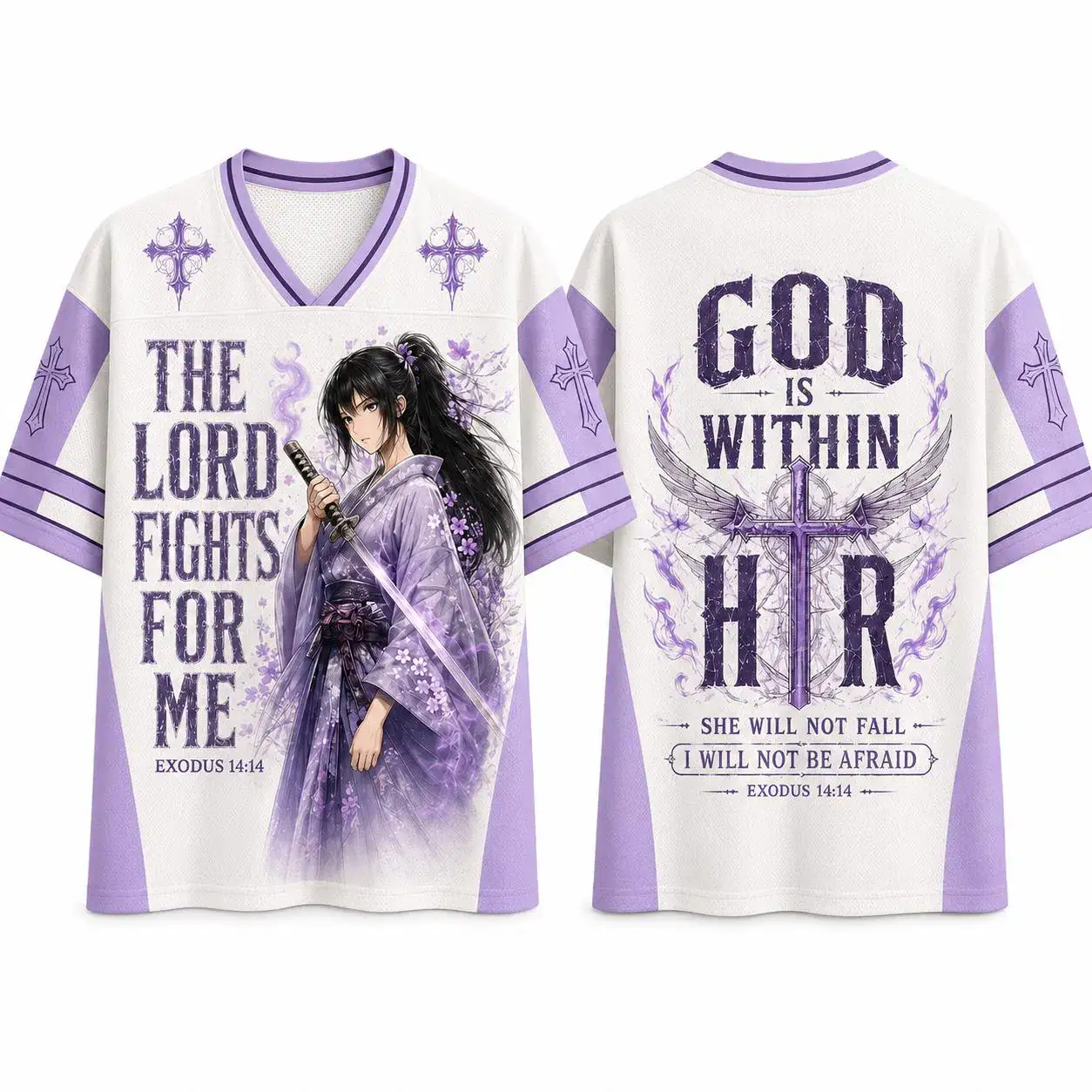Christian Warrior Jersey, The Lord Fights For Me Shirt, Purple Bible Verse Mesh Sports Tee, God Is Within Her Faith Gift