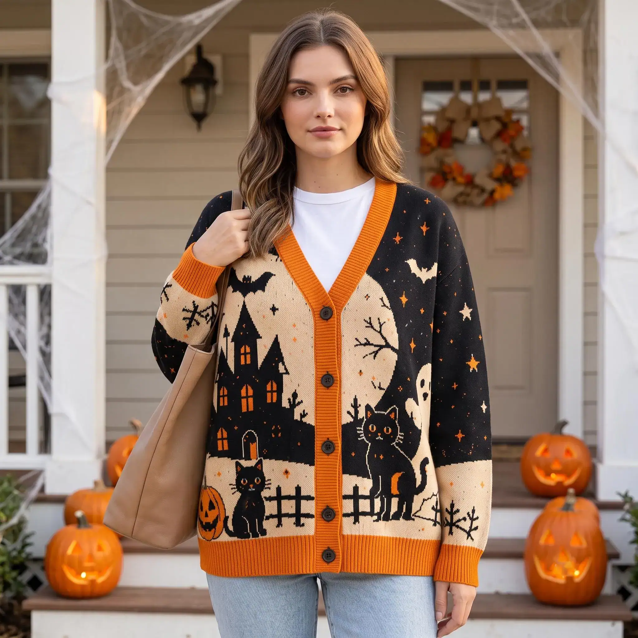 Haunted House Print Cardigan, Halloween Black Cat Sweater, Spooky Pumpkin Ghost Print Cardigan, Gothic Fall Halloween Outfit, Tis The Season