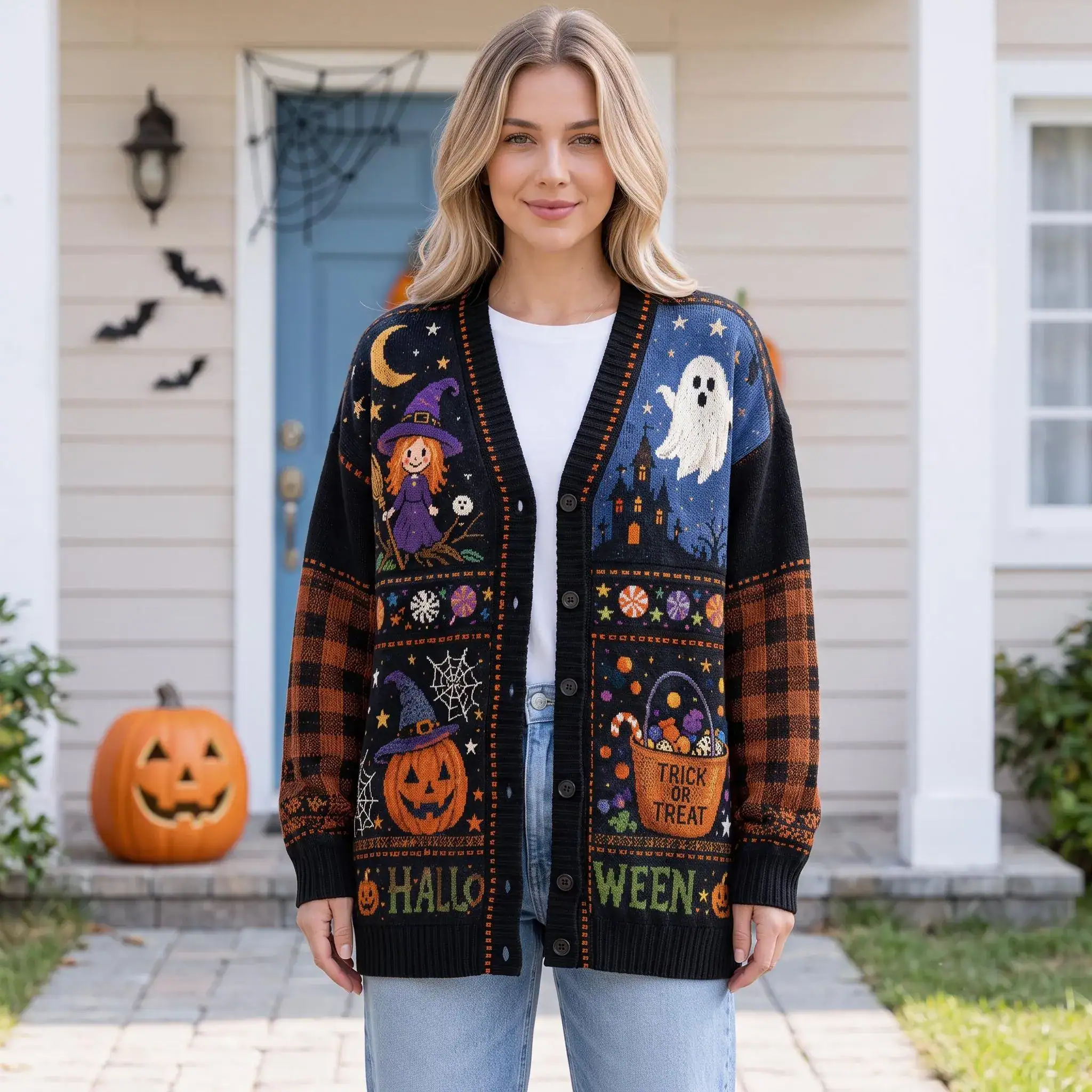 Halloween Ghost Cardigan, Spooky Witch Print Sweater, Black Cat Pumpkin Print Cardigan, Cute Halloween Fall Outfit, Tis The Season Cardigan
