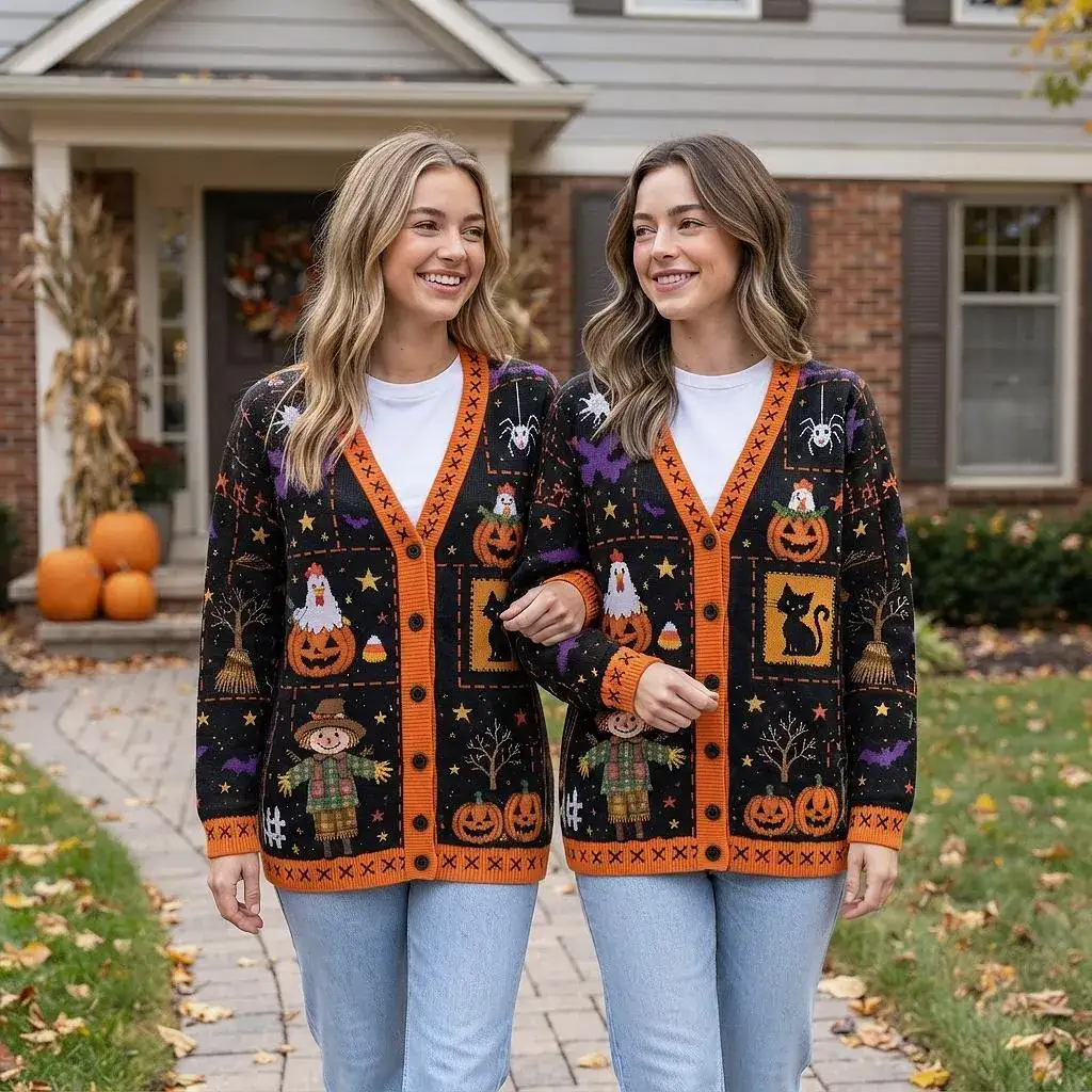 Jack O Lantern Pumpkin Print Cardigan, Spooky Halloween Cardigan, Ghost Black Cat Sweater, Scarecrow Fall Outfit, Halloween Trick or Treat