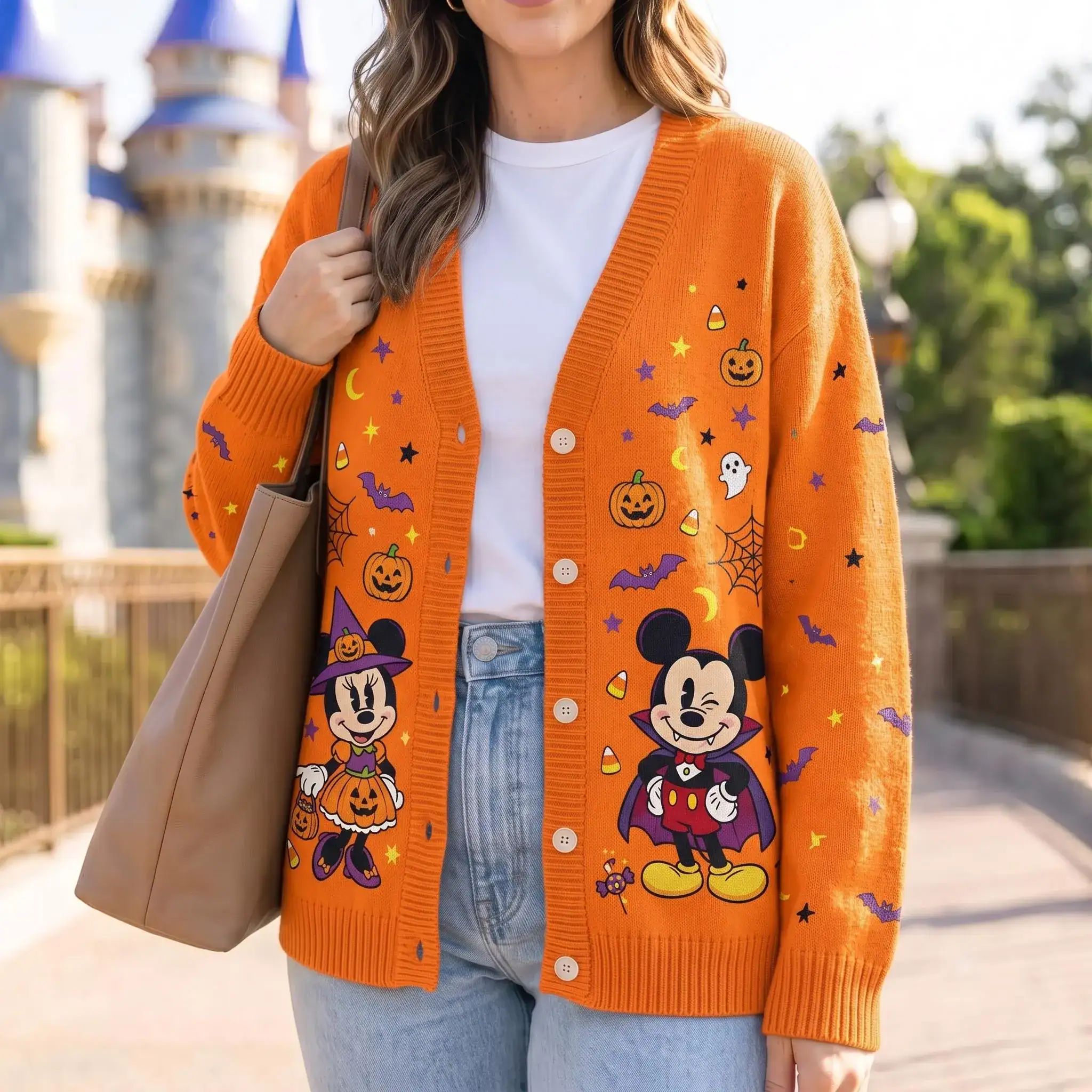 Halloween Mickey Minnie Cardigan, DN Mouse Vampire Print Sweater, DN Spooky Pumpkin Print Cardigan, DNland Halloween Trip Outfit