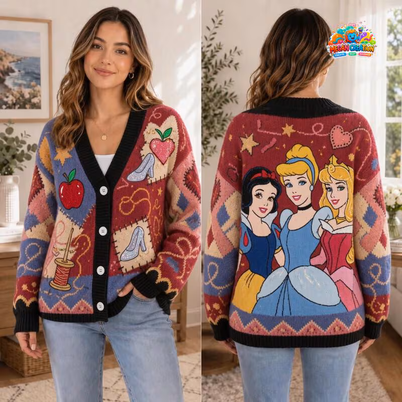Princess Knit Cardigan, Cinderella Snow White Sleeping Beauty Graphic Cardigan, Fairytale Character Sweater, Cute Aesthetic Apparel
