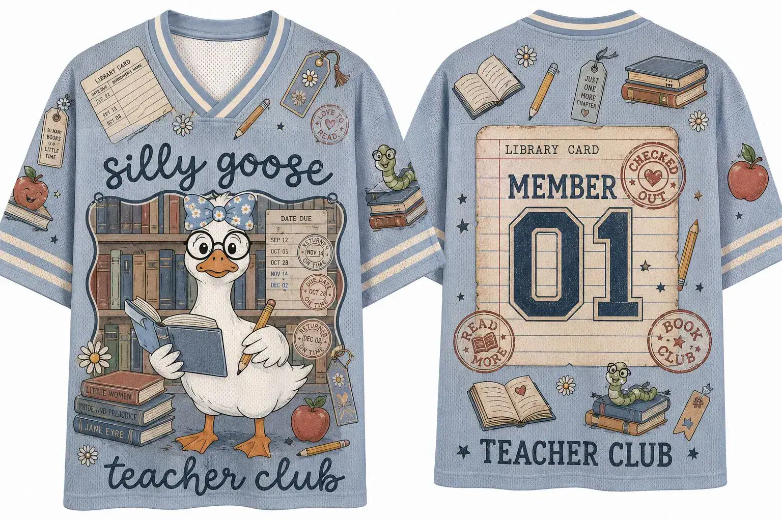 Silly Goose Teacher Club Football Jersey Bookish Library Graphic Shirt Cute Librarian Custom Name Gift For Reading Teacher Apparel