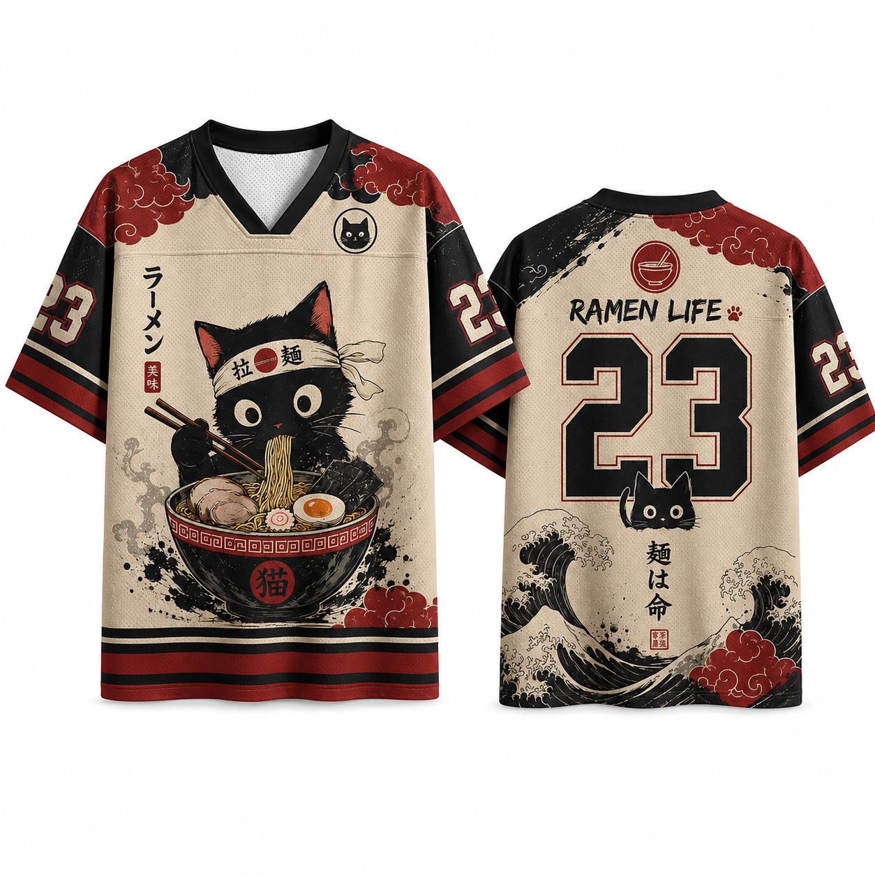 Ramen Cat Football Jersey, Japanese Noodle Lover Mesh Shirt, Number 23 Black Cat Streetwear, Ukiyo E Foodie Gift