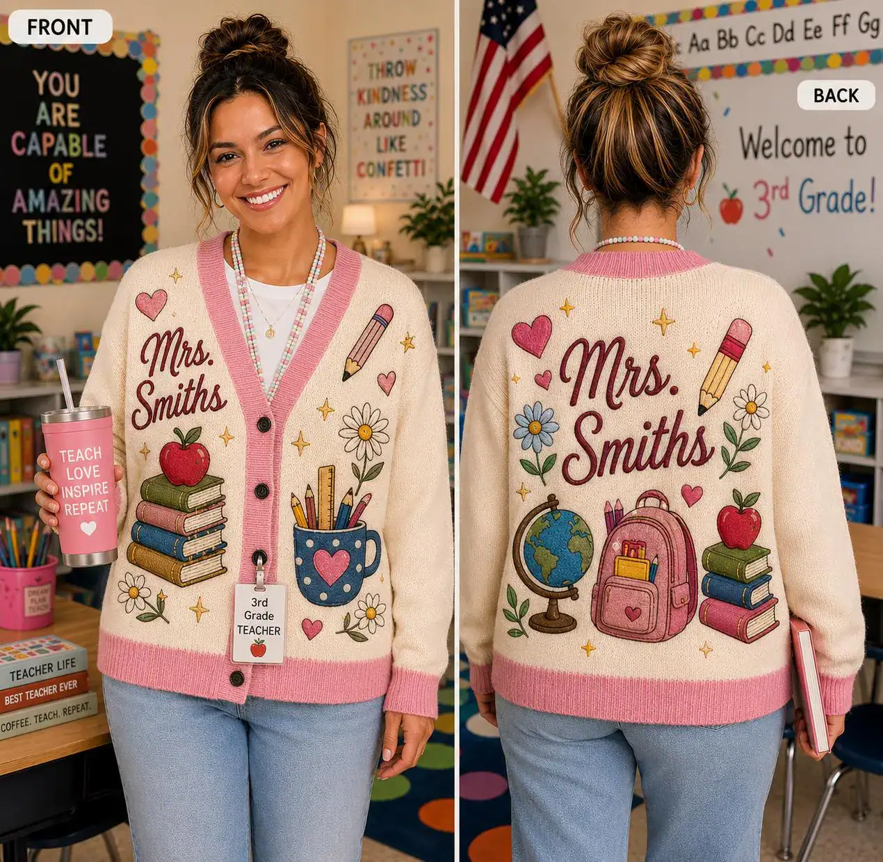 Personalized Teacher Name Knitted Cardigan,Custom Mrs Name Sweater, Teacher Appreciation, School Supplies Print Cardigan Gift