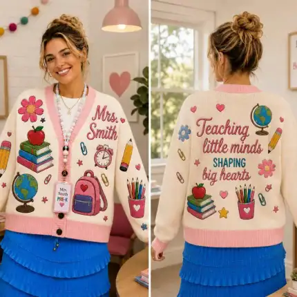 Personalized Teacher Name Knitted Cardigan, Custom Mrs Name School Icons Sweater, Back to School Cardigan, Teacher Appreciation Gift - Image 3