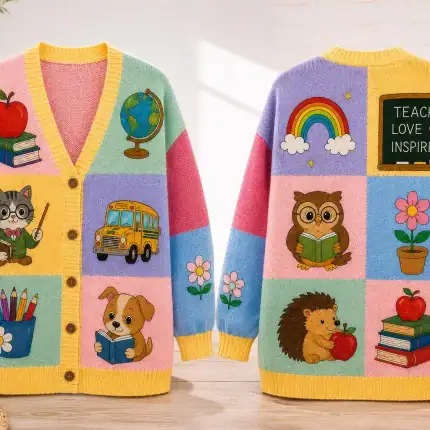 Personalized Teacher Cardigan, Reading Animal Friends Knit Sweater, Back to School Outfit, Custom Teacher Gift, School Librarian - Image 2
