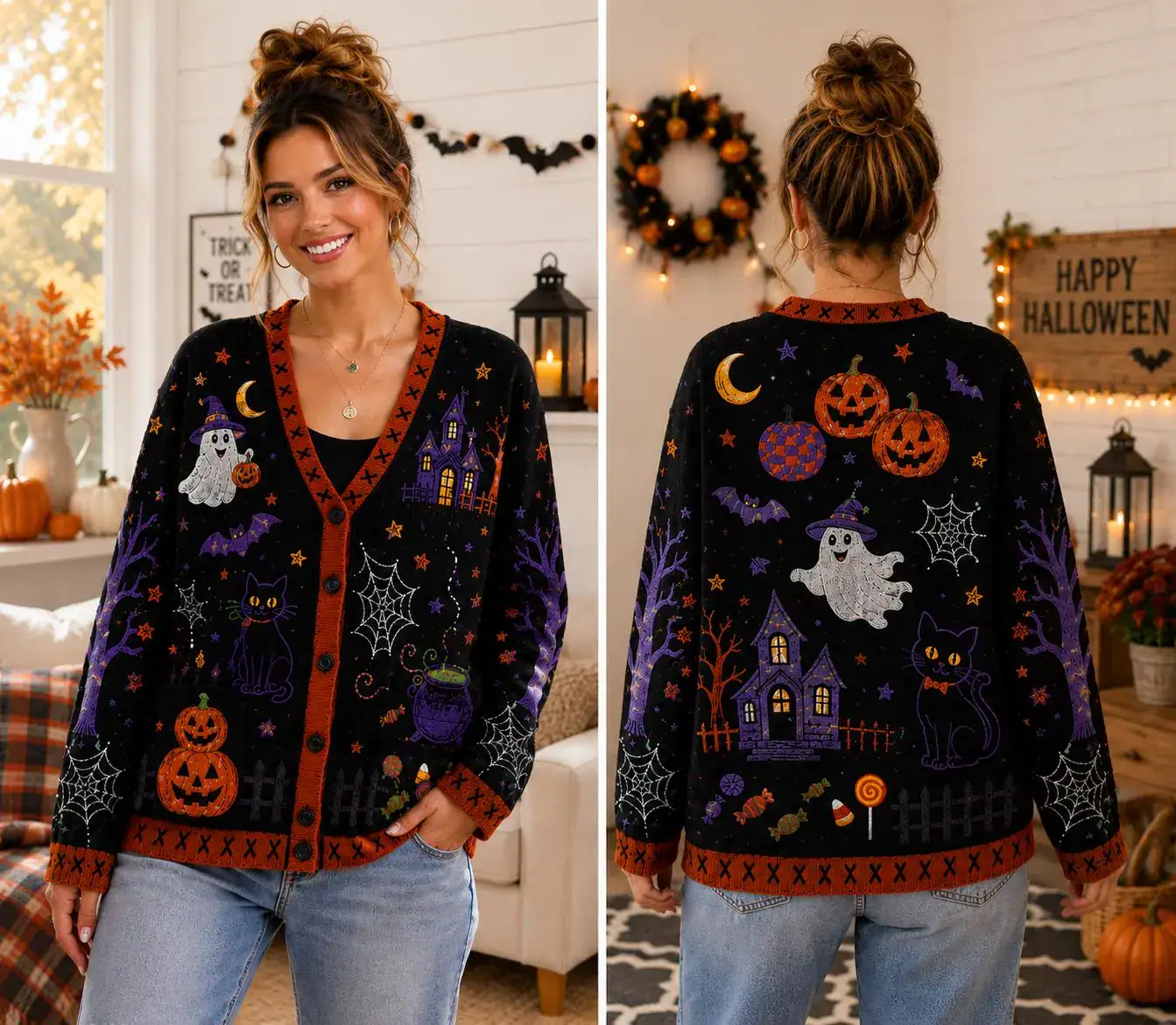 Halloween Pumpkin Knit Cardigan, Womens Sleeveless Sweater Vest, Skeleton Ghost Fall Apparel, Spooky Season Clothing, Witchy Gift