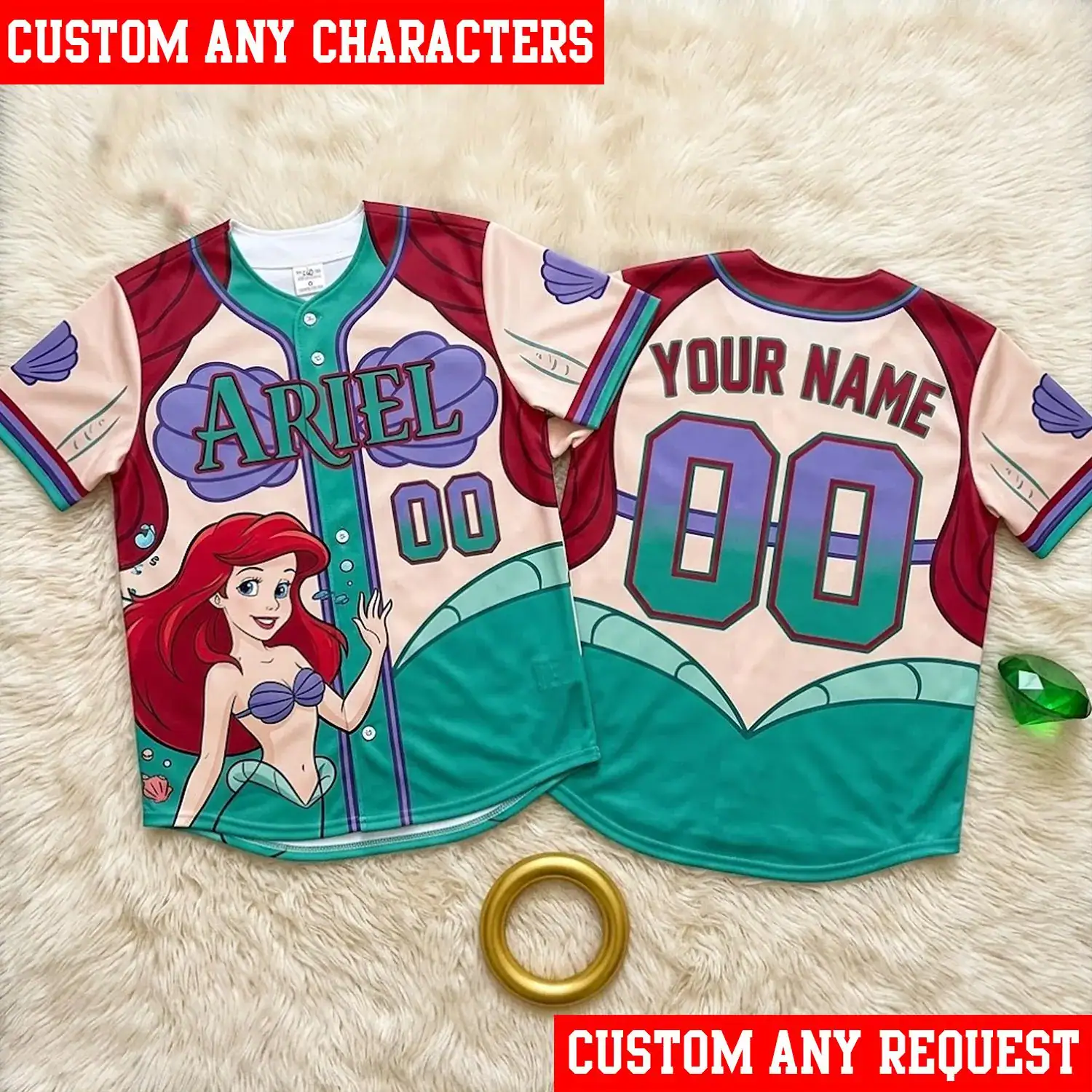 Ariel Baseball Jersey, Personalized Little Mermaid Shirt, Custom Name Princess Jersey, Family Matching Vacation Shirt Gift
