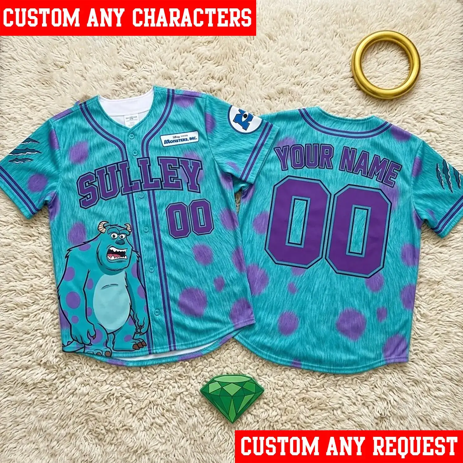 Sulley Baseball Jersey, Personalized Monsters Inc Jersey, Custom Name Monster Jersey, Family Matching DN-Inspired Gift for Kids Fans
