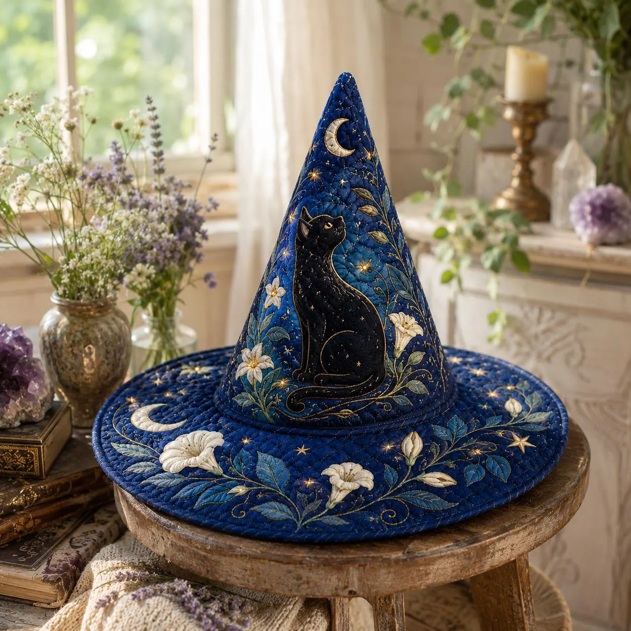 Halloween Quilted Witch Hat, Black Cat Moon Floral Fabric Hat, Gothic Witchy Fall Table Centerpiece, Spooky Seasonal Decor