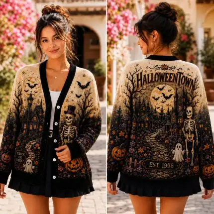 Halloween Town Est 1988 Collage Knitted Cardigan, Vintage Halloween Button Sweater, Pumpkin Patch Fall Cardigan, Cozy Autumn