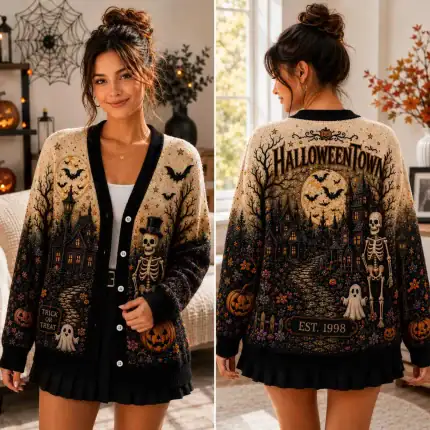 Halloween Town Est 1988 Collage Knitted Cardigan, Vintage Halloween Button Sweater, Pumpkin Patch Fall Cardigan, Cozy Autumn - Image 2